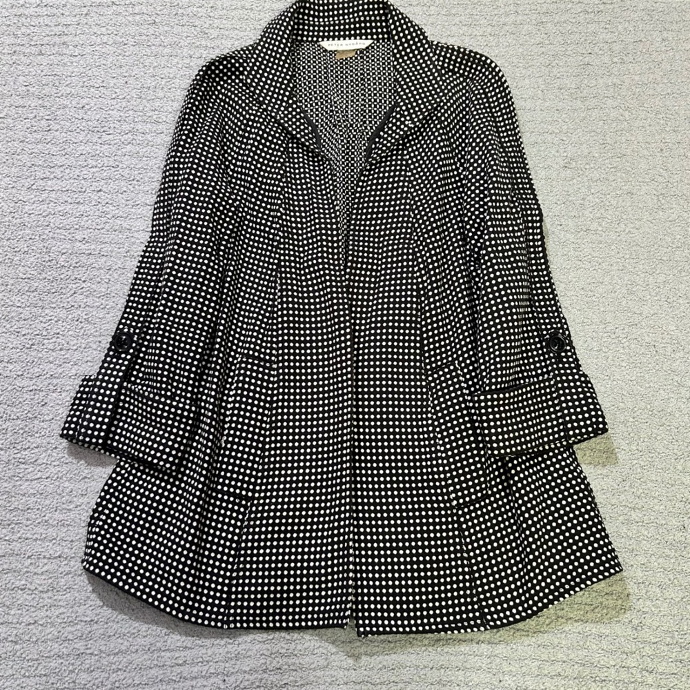 Peter Nygard Jacket Open Front S Black White Polka Dot Knit Career Chic